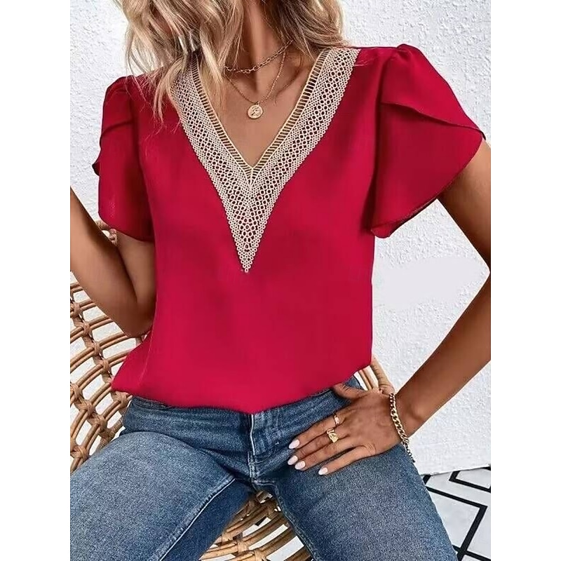 Women's White Elegant Lace Tops Eyelet Blouse Casual Solid Color Regular Tops Short Sleeve V Neck Lace Patchwork Regular Fit Daily White Red Romantic Petite Tops Summer Holiday Wear3