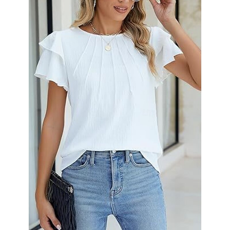 Women's Shirt Blouse Solid Color Basic Casual Short Sleeve Crew Neck Regular Tops Daily Ruffle White Green Summer2