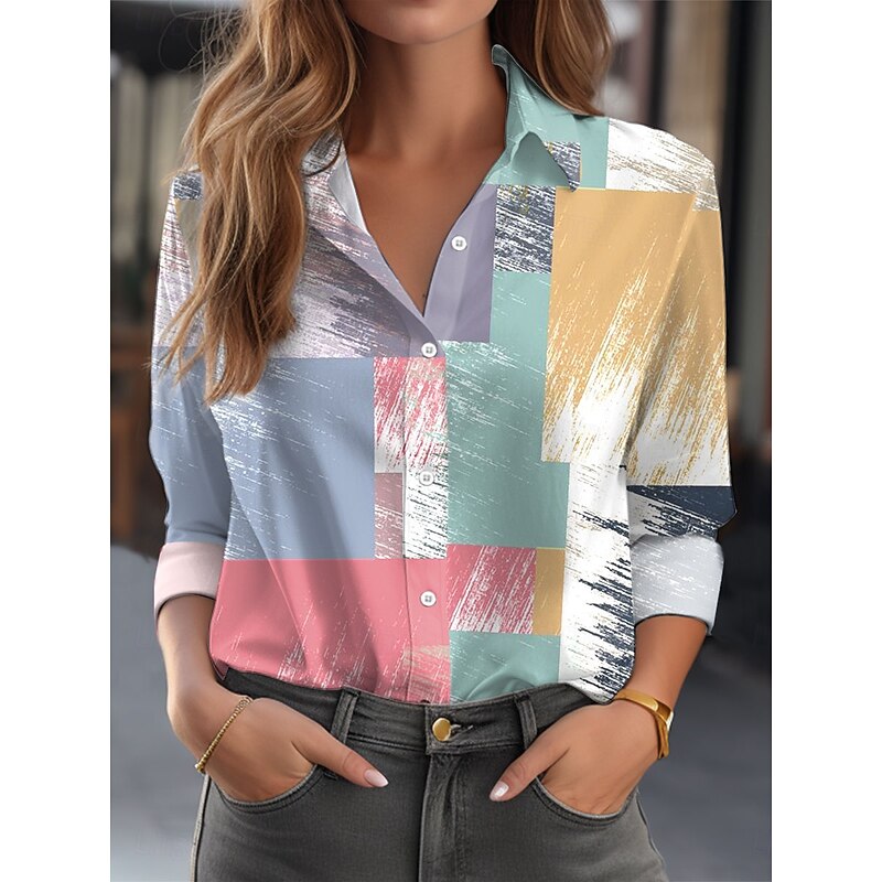 Women's Shirt Button Down Tunic Shirt Collar Long Sleeve Geometric Tie Dye Casual Regular Tops Work Daily s Print Blue Spring Fall Winter