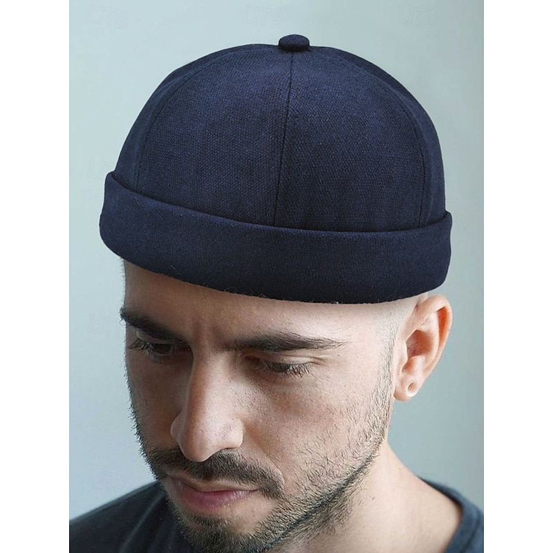 Men's Polyester Docker Cap – Retro Cuffed Brimless Hat for Casual and Outdoor Wear