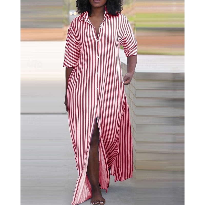 Women's Long Dress Maxi Dress Shirt Dress Casual Dress Summer Dress Stylish Casual Vacation Daily Date Regular Fit Stripe Half Sleeve Lapel Black Red Blue Green Summer Spring3
