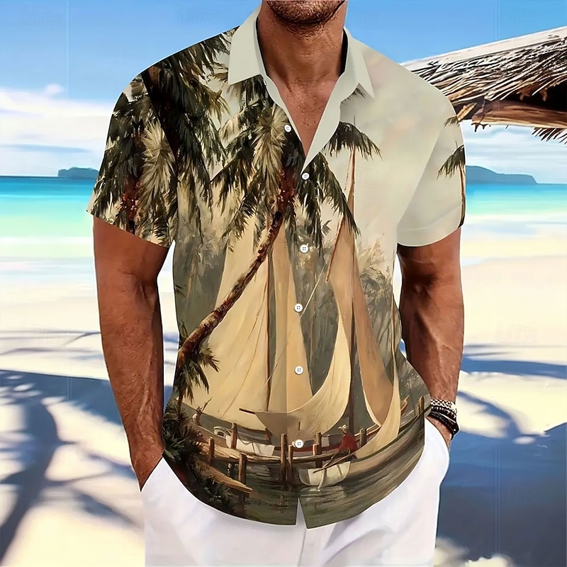 Men's Coconut Tree Sailboat Summer Hawaiian Shirt Button Up Shirt Short Sleeve Vintage Retro Vacation Holiday Beach Wear Summer Spring Turndown Collared Shirts Khaki