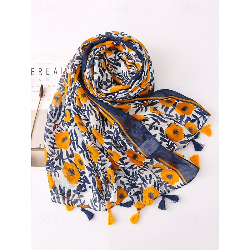 Floral Print Lightweight Scarf with Tassel Details, Boho Chic Style Wrap for Women, Perfect for Spring, Summer, and Casual Outfits4