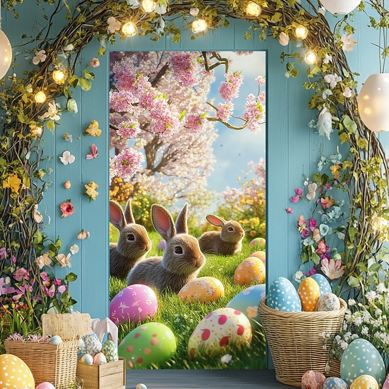 Door Decorations Door Covers Bunny Eggs Door Tapestry Door Curtain Decoration Backdrop Indoor/Outdoor Door Banner for Front Door Farmhouse
