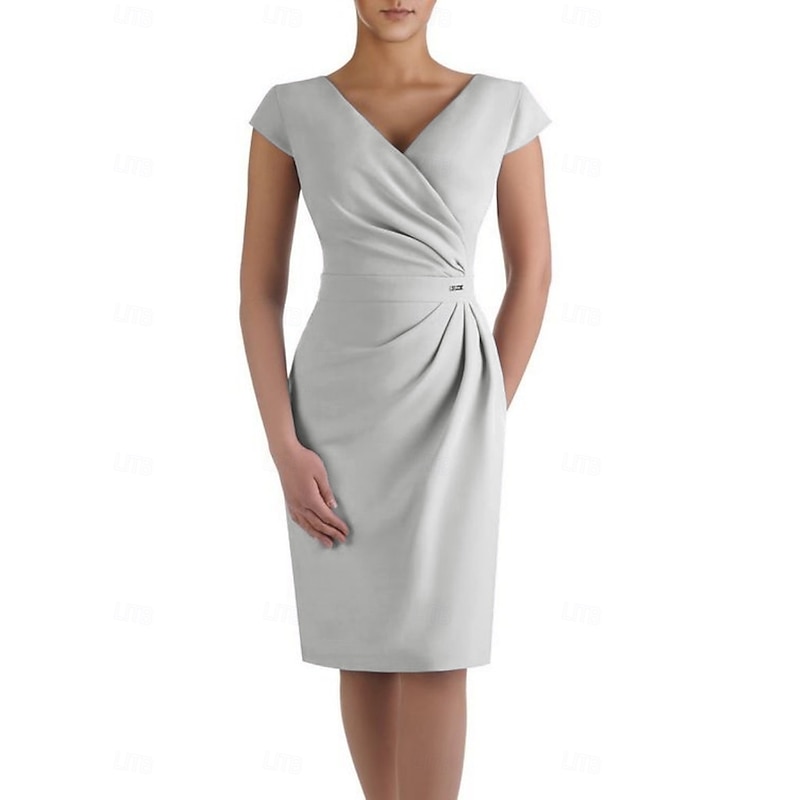 Sheath Mother of the Bride Dress Wedding Guest Elegant V Neck Knee Length Stretch Fabric Short Sleeve with Ruched free custom size