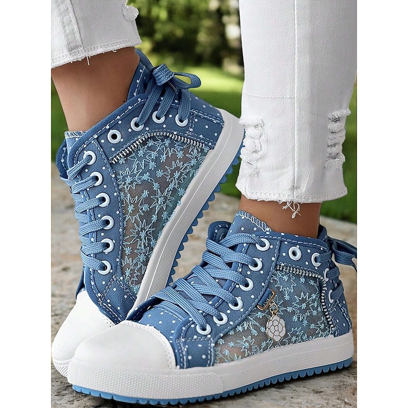 Women's Blue Lace-Up High-Top Canvas Sneakers with Embroidered Mesh Panels, Polka Dot Design for Casual and Outdoor Wear3