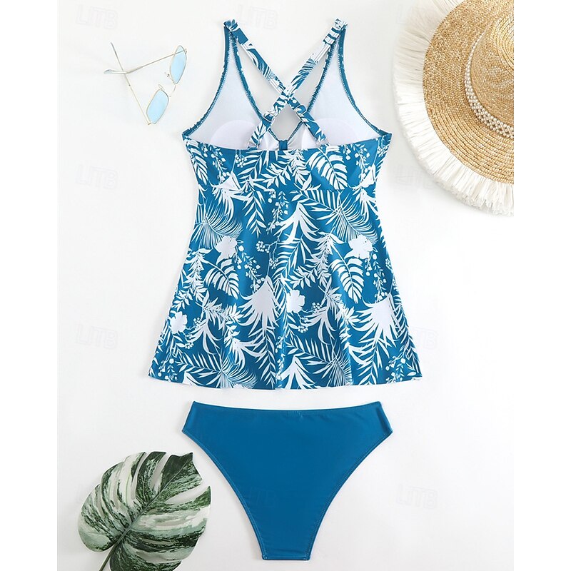 Women's Tankini Two Piece Swimsuit Deep V Swimwear Swimwear Blue Breathable Quick Dry Lightweight Sleeveless - Swimming Surfing Beach Summer Spring Plus Size3