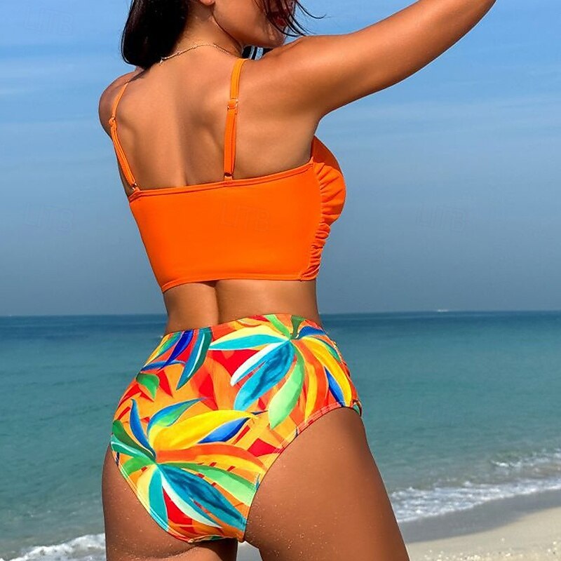 Women's Tankini Two Piece Swimsuit Deep V Racerback Swimwear Floral Swimwear Dark Yellow Black / White Breathable Quick Dry Lightweight Sleeveless - Swimming Surfing Beach Summer Spring4