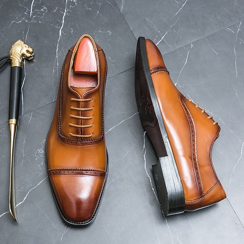 Men's Brown Faux Leather Oxford Shoes – Classic Brogue Design with Lace-Up Closure for Formal Business and Wedding Occasions3