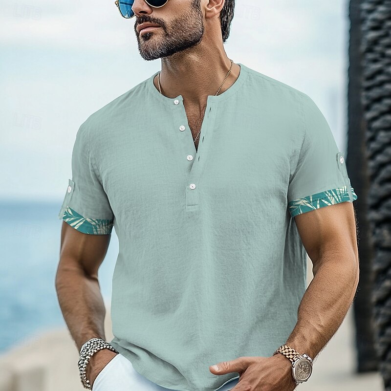 Men's Leaf Beach Shirt Aloha Shirt Short Sleeve Hawaiian Vacation Summer Spring V Neck Buttons Blue Green Gray2