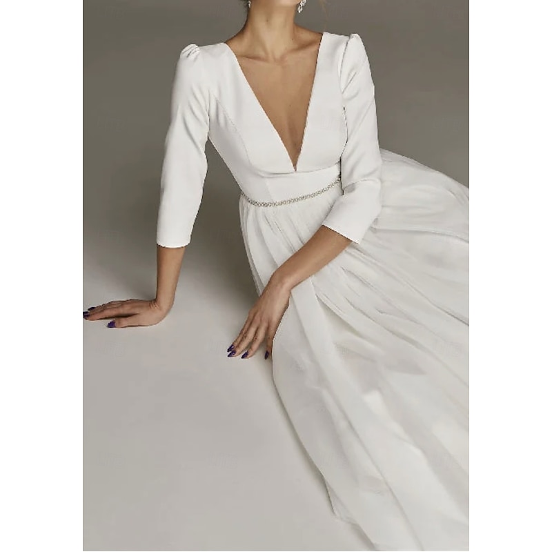 Engagement Little White Dresses Wedding Dresses A-Line V Neck 3/4 Length Sleeve Ankle Length Tulle Bridal Gowns With Pleats Crystal Brooch3