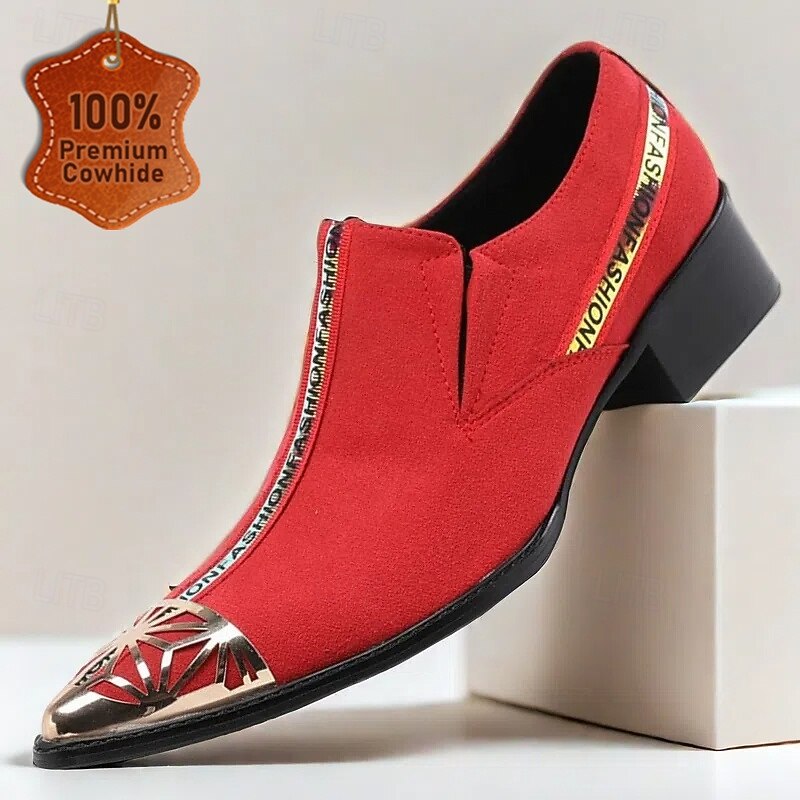 Men's Red Leather Suede Slip-On Shoes with Metal Toe Cap and Fashion Strap - Elegant Western Style for Formal Events and Parties