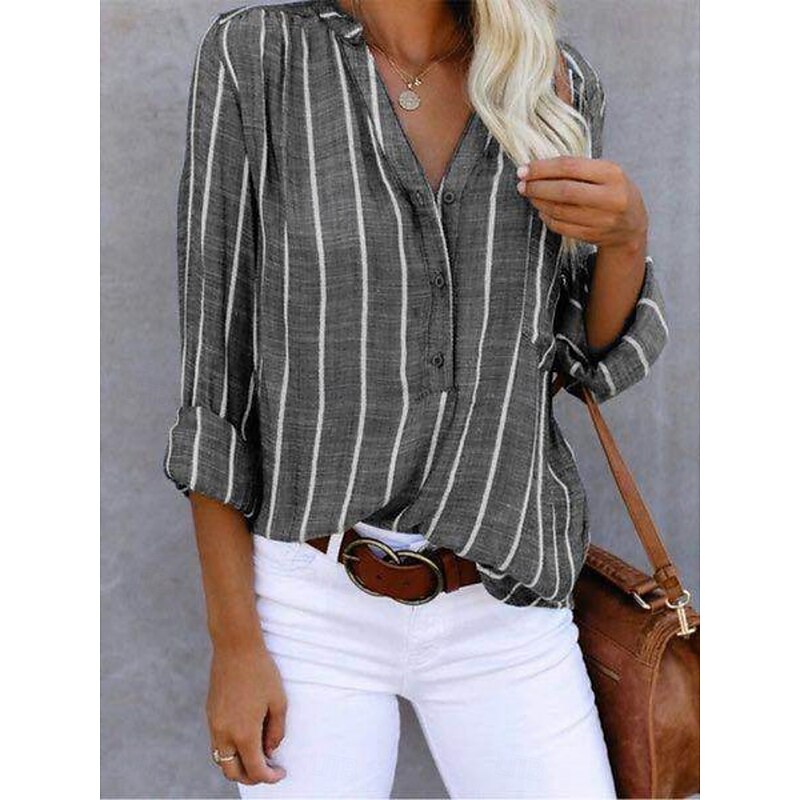 Women's Shirt Blouse Striped Stylish Casual Long Sleeve Shirt Collar Regular Tops Daily Buttons Print White Khaki Gray Summer Spring