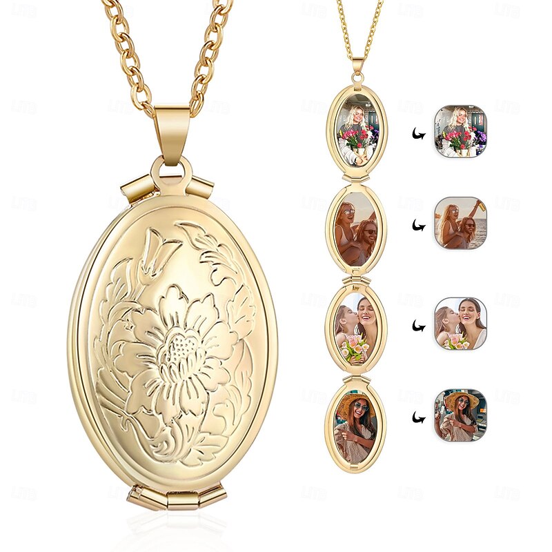 Personalized Photo Necklace Custom Best Gift for Mom Wedding Gift for Lover Stainless Steel Gold Locket with 4 Photos