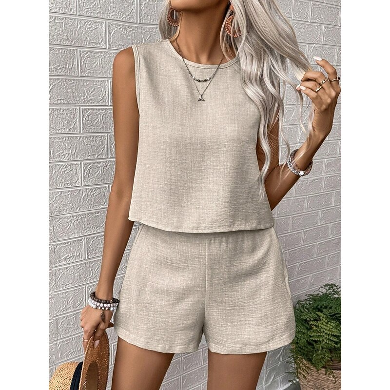 Women's Daily Basic Tank Top Baggy Shorts Sleeveless Crew Neck Plain Casual Daily Green Beige Summer Regular Fit4