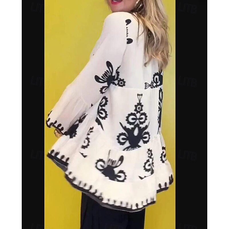 Women's Shirt Blouse Graphic Bohemia Casual Long Sleeve High Neck Regular Tops Daily Ruffle Buttons Print Black White Summer Spring2