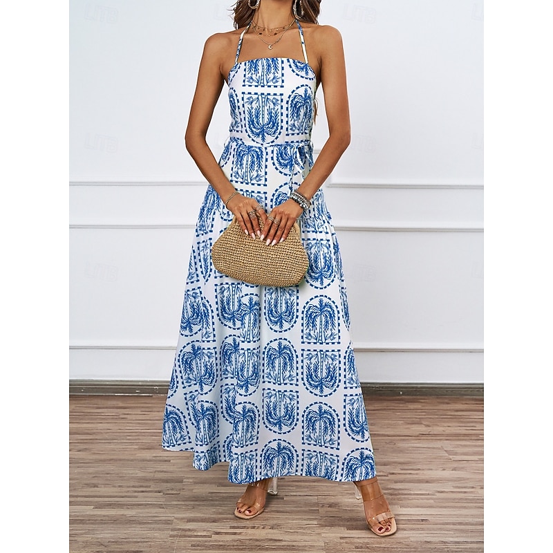 Women's Maxi Dress Casual Dress Swing Dress Sundress A Line Dress Tropical Casual Vacation Daily Beach Regular Fit Floral Sleeveless Halter Neck Blue Brown Summer3