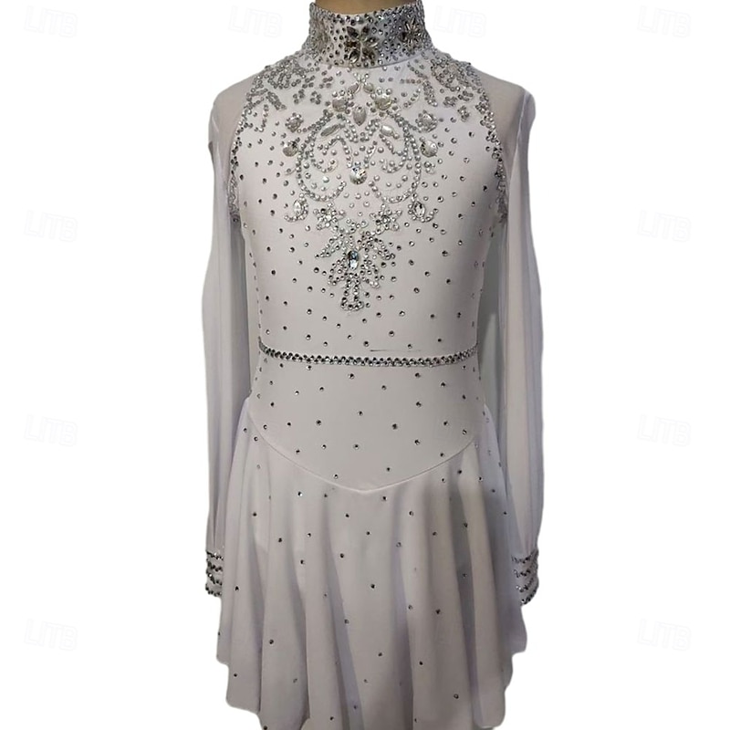 Figure Skating Dress Women's Girls' Ice Skating Dress White Patchwork Open Back Mesh Spandex Stretchy Training Practice Professional Skating Wear Crystal / Rhinestone Long Sleeve Figure Skating
