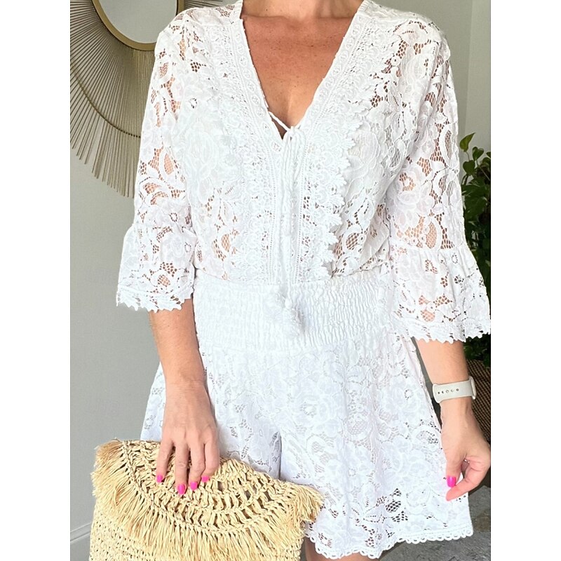 Women's Fashion Streetwear Daily Lace Shirt Baggy Shorts 3/4 Length Sleeve V Neck Plain Lace Casual Daily White Pink Summer Regular Fit