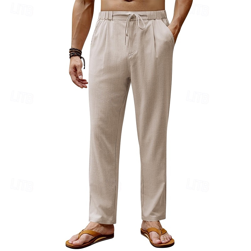Men's Linen Pants Trousers Summer Pants Beach Pants Drawstring Elastic Waist Straight Leg Plain Comfort Breathable Full Length Daily Holiday Wedding Party Fashion Classic Style Black White2