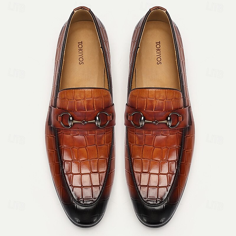 Men's Premium Cowhide Leather Loafers - Crocodile Pattern with Metal Bit Decoration for Formal and Business Wear3
