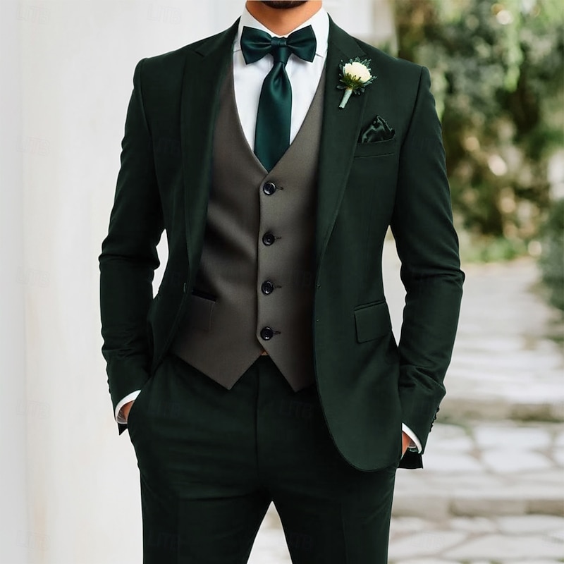 Men's Wedding Party Evening Wear Suits Dark Green Fashion Dress Solid Colored Tailored Fit 3 Piece Single Breasted One-button2
