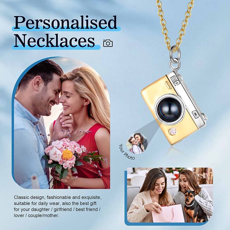 Personalized Photo Projection Necklace Custom Best Gift for Mom - Camera-Shaped Pendant with Projection Stone, Custom Wedding Gift for Couples, Birthstone Customization4