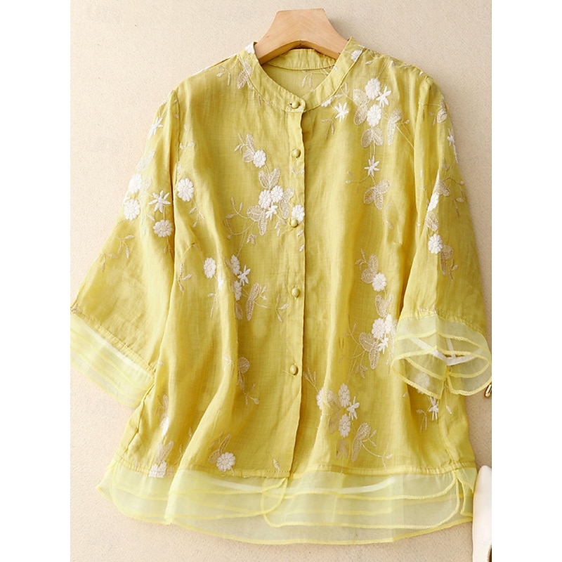 Women's Shirt Cotton Linen Shirts Button Up Blouse Floral Basic Casual 3/4 Length Sleeve High Neck Regular Tops Daily Embroidered Buttons Yellow Purple Green Beige Summer Spring Fall