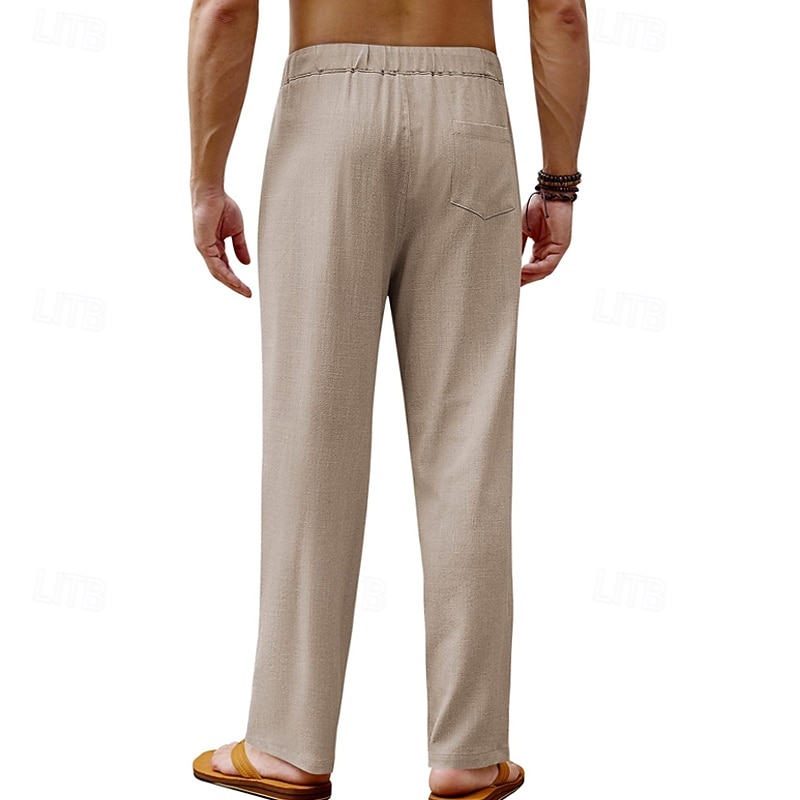Men's Linen Pants Trousers Summer Pants Beach Pants Drawstring Elastic Waist Straight Leg Plain Comfort Breathable Full Length Daily Holiday Wedding Party Fashion Classic Style Black White4