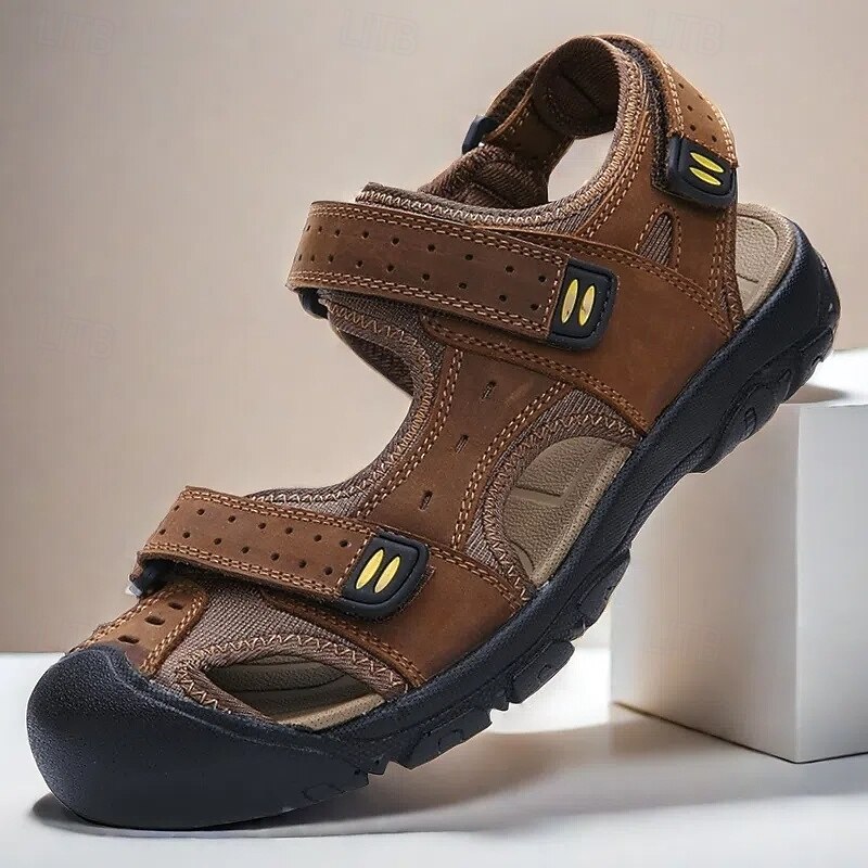 Men's Brown Faux Leather Hiking Sandals - Adjustable Straps, Closed-Toe Design, Anti-Slip Sole, Durable Outdoor Footwear for Summer Trekking