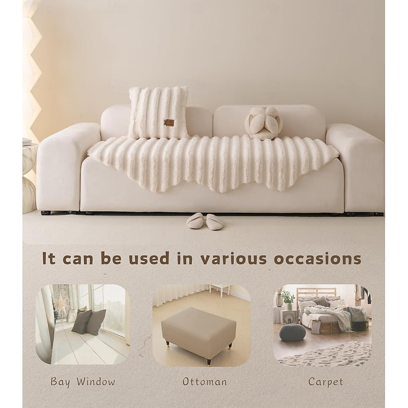 Plush Anti-Scratch Couch Cover Furry Fluffy Cushion Cover Thick Cozy Warm Non-Slip Sofa Slipcovers Irregular Shape Vertical Stripe Furniture Protector for Dogs2