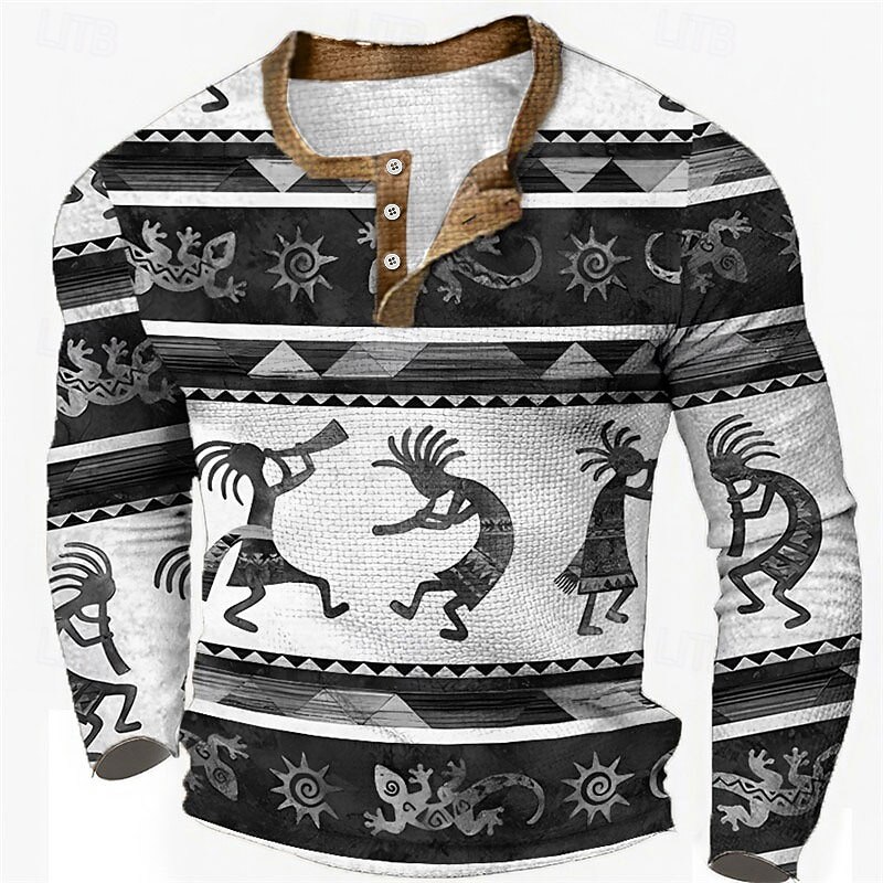 Men's Graphic Tribal Henley Shirt Waffle T Shirt Long Sleeve 3D Print Fashion Designer Ethnic Sports Outdoor Holiday Festival Spring &  Fall Blue Brown Green Gray Henley Henley T-Shirt2