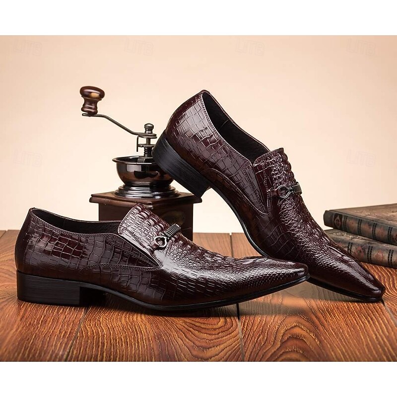 Men's Crocodile Pattern Faux Leather Loafers – Elegant Slip-On Shoes with Metal Buckle for Business and Formal Events3