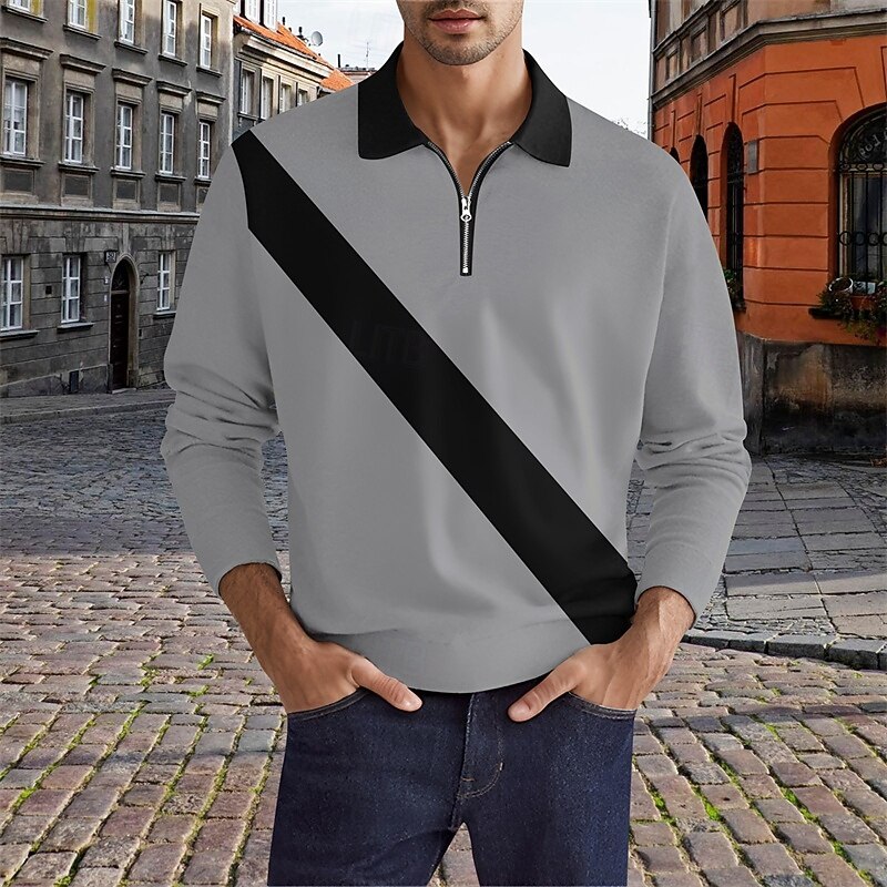 Men's Color Block Rugby Polo Long Sleeve Polo Shirts Quarter Zip Fashion 3D Print Modern Daily Holiday Going out Patchwork Spring &  Fall White Yellow Red2