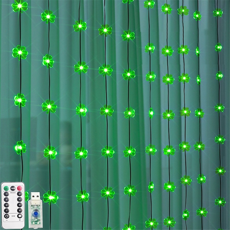 St. Patrick's Day LED Clover Curtain Light - 100LED/300LED Leather Wire String Lights with Remote Control, USB Decorative Lighting for Festival Parties, Living Room, and Room Decorations 1 Set2