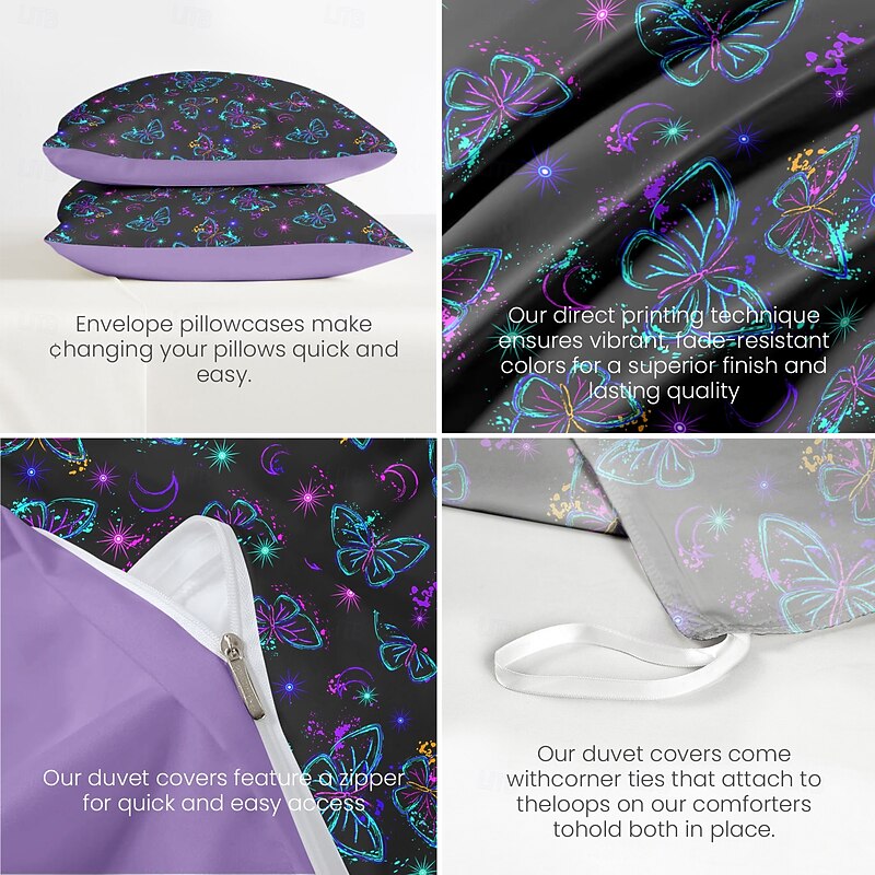 Night Butterfly Duvet Cover Set 100% Cotton Soft and Breathable Bedding with Elegant Butterfly Patterns Perfect for All Seasons Durable and Lightweight Quilt Cover Easy to Wash and Maintain3