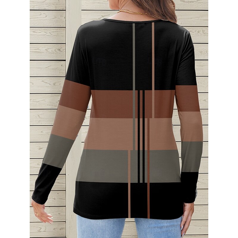 Women's T Shirt Geometric Striped Casual Long Sleeve Notched Neck Regular Tops Daily Print Black Blue Purple Green Summer Spring Fall2