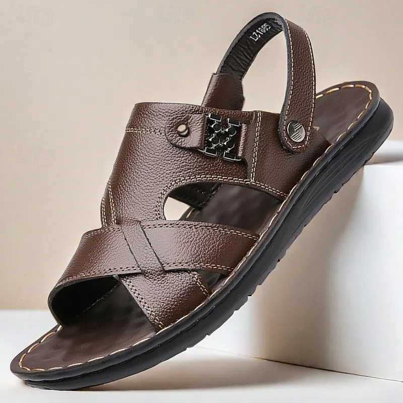 Men's Brown Faux Leather Sandals - Cross-Strap Open-Toe Design with Adjustable Back Strap for Comfortable Casual Summer Wear