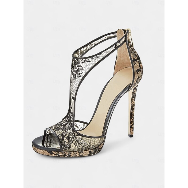 Black Lace Peep-Toe Stiletto Heels with Mesh Design for Women's Evening Parties and Formal Occasions and Wedding4