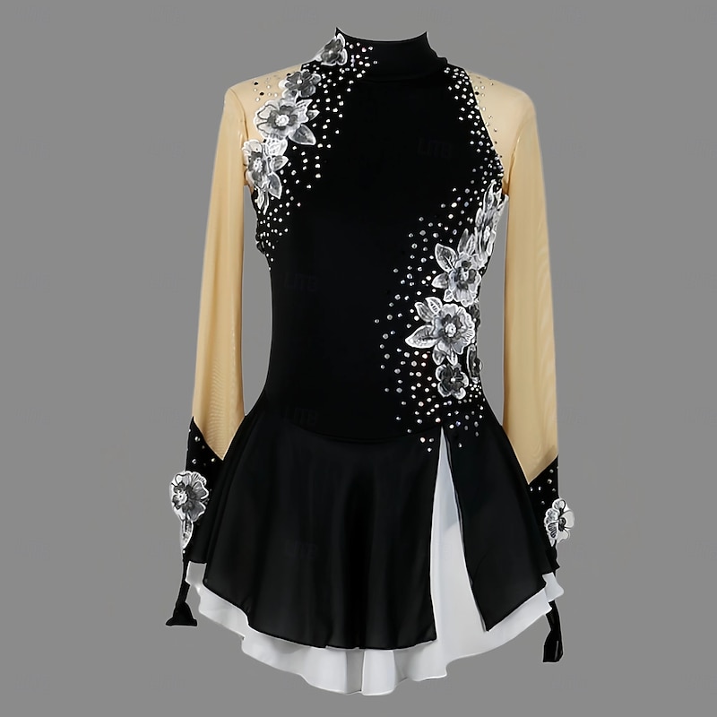 Figure Skating Dress Women's Girls' Ice Skating Dress Black Pink Thumbhole Mesh Spandex Stretchy Training Practice Professional Skating Wear Thermal Warm Classic Crystal / Rhinestone Long Sleeve Ice4