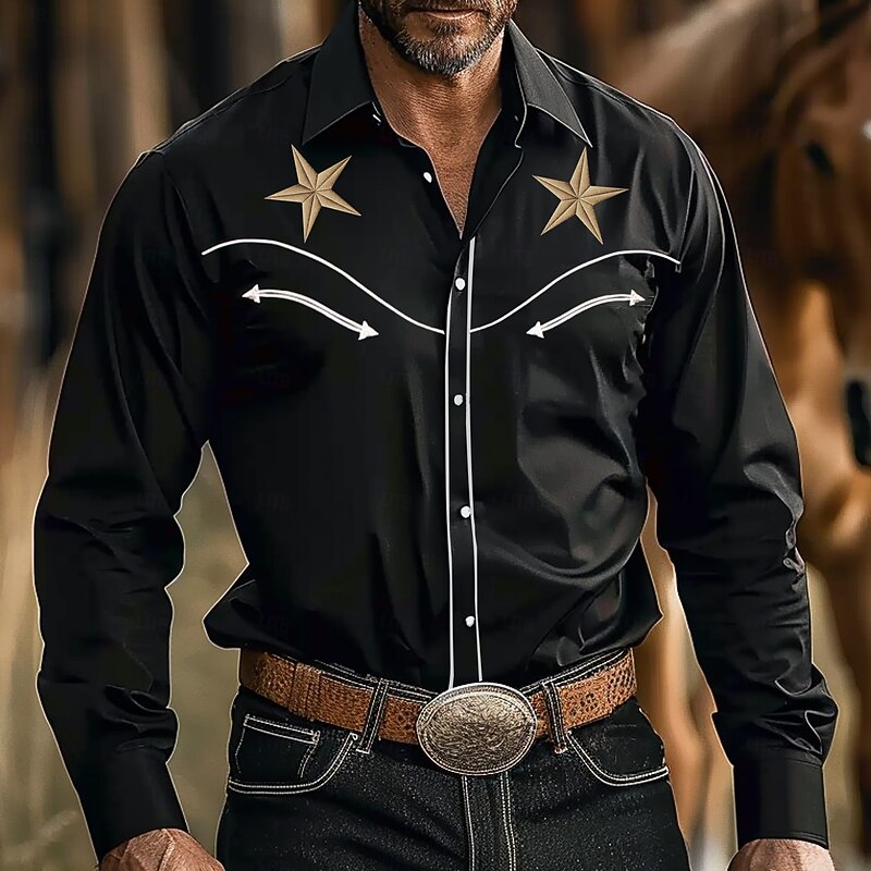 Men's Star Western Shirt Long Sleeve Western Sports Outdoor Spring Fall Turndown Button Up Black