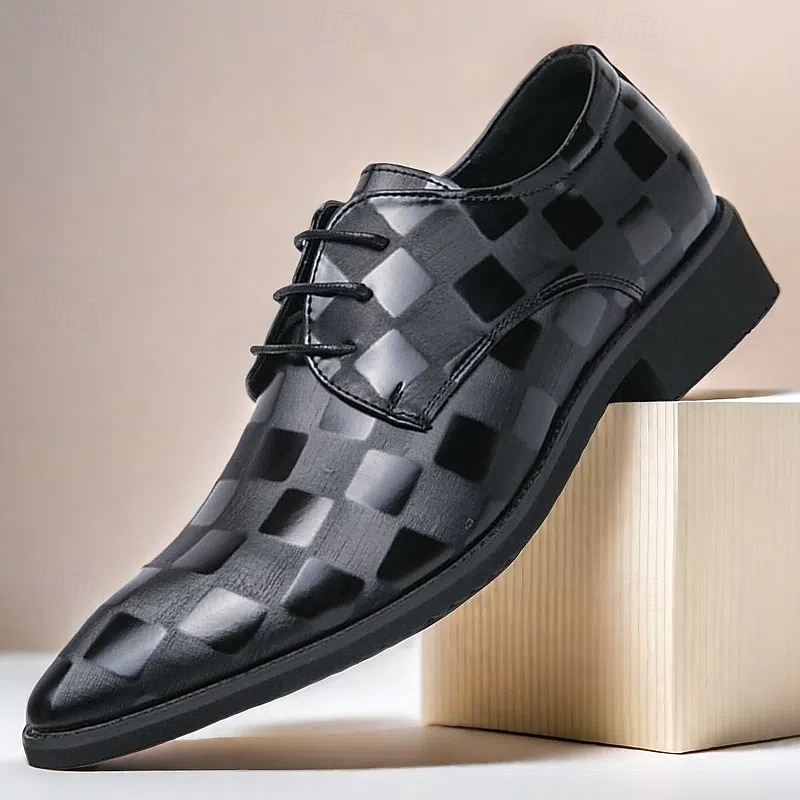 Men's Black Checkered Pattern Faux Leather Oxford Shoes - Formal Lace-Up Dress Shoes for Business, Weddings and Special Occasions - Main Image