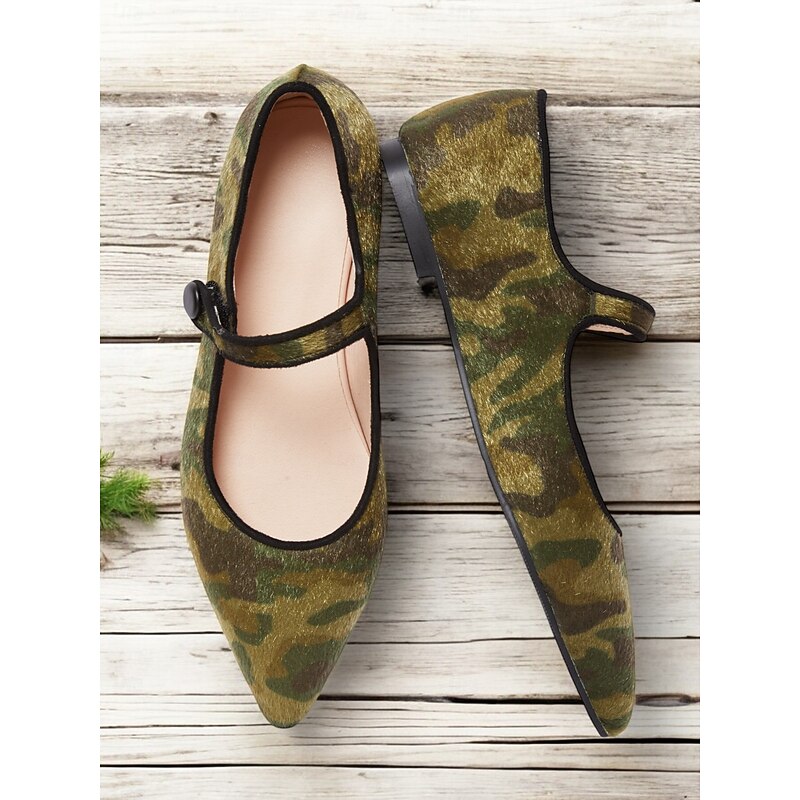 Women's Camo Print Mary Jane Flats – Faux Pony Hair Material, Pointed Toe Comfortable Slip-On Shoes with Soft Sole, Ideal for Casual Wear, Outdoor Activities, and Everyday Style3