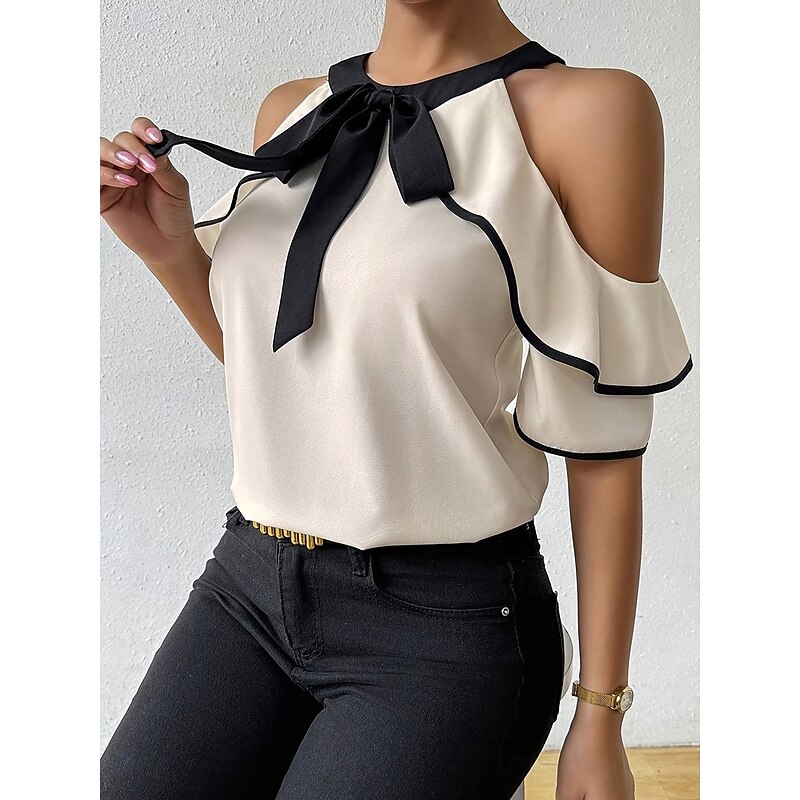 Women's Camisole Tank Top Solid Color Stylish Casual Short Sleeve Crew Neck Regular Tops Daily Ruffle Patchwork Beige Summer Spring4