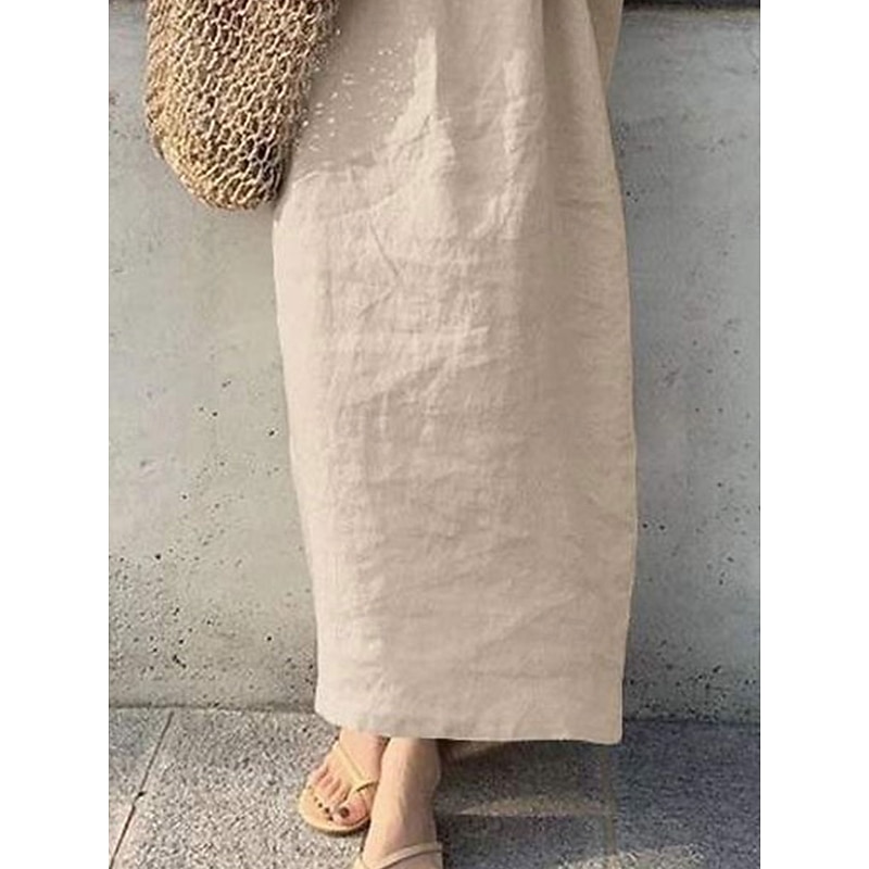 Women's Maxi Dress Cotton Linen Dresses Casual Dress Basic Casual Vacation Daily Date Regular Fit Plain Short Sleeve V Neck Khaki Army Green Dark Blue Gray Summer4