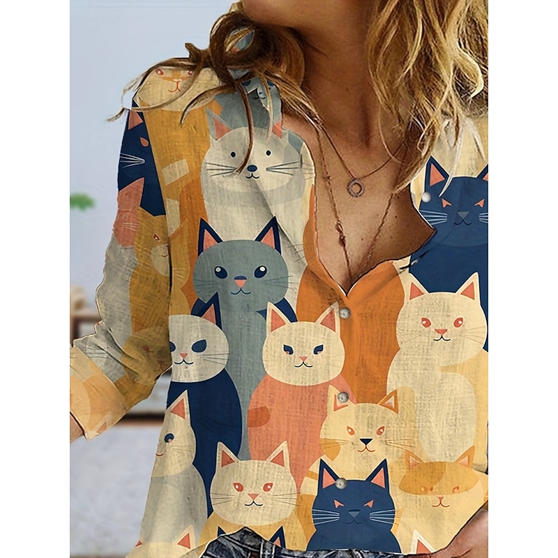 Women's Shirt Button Down Tunic Shirt Collar Long Sleeve Graphic Cat Daily Stylish Long Tops Daily s Print Yellow Spring2