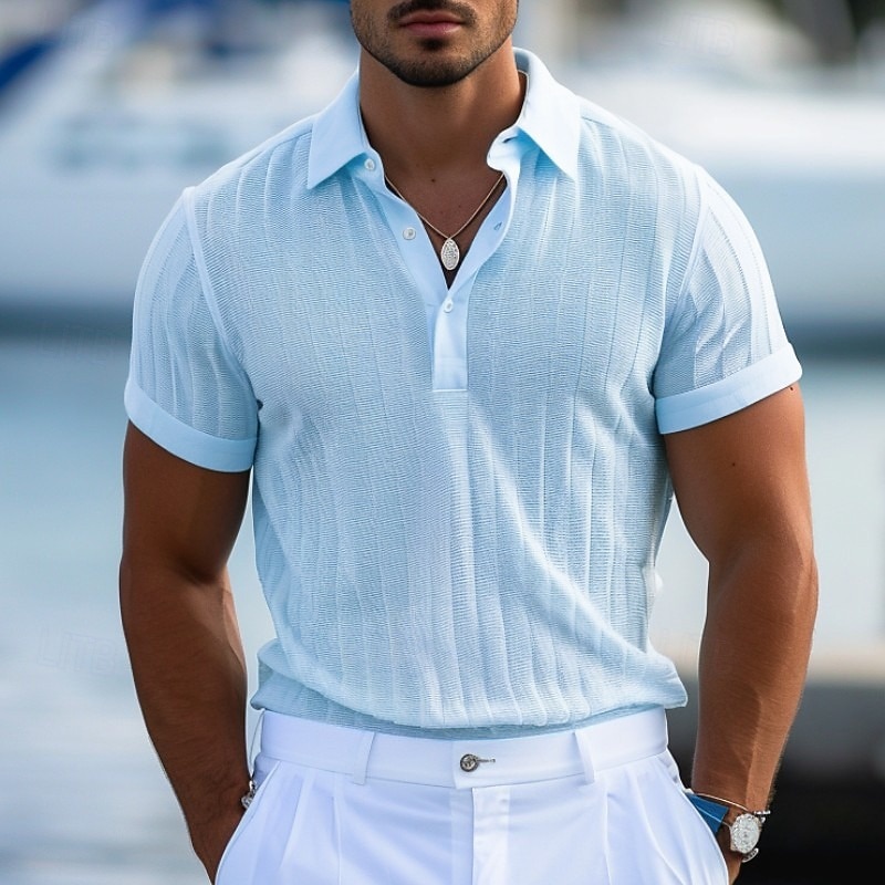Men's Polo Golf Shirt Casual Holiday Ribbed Polo Collar Short Sleeve Fashion Basic Stripe Plain Button Quick Dry Summer Regular Fit Light Blue White Purple Khaki Polo