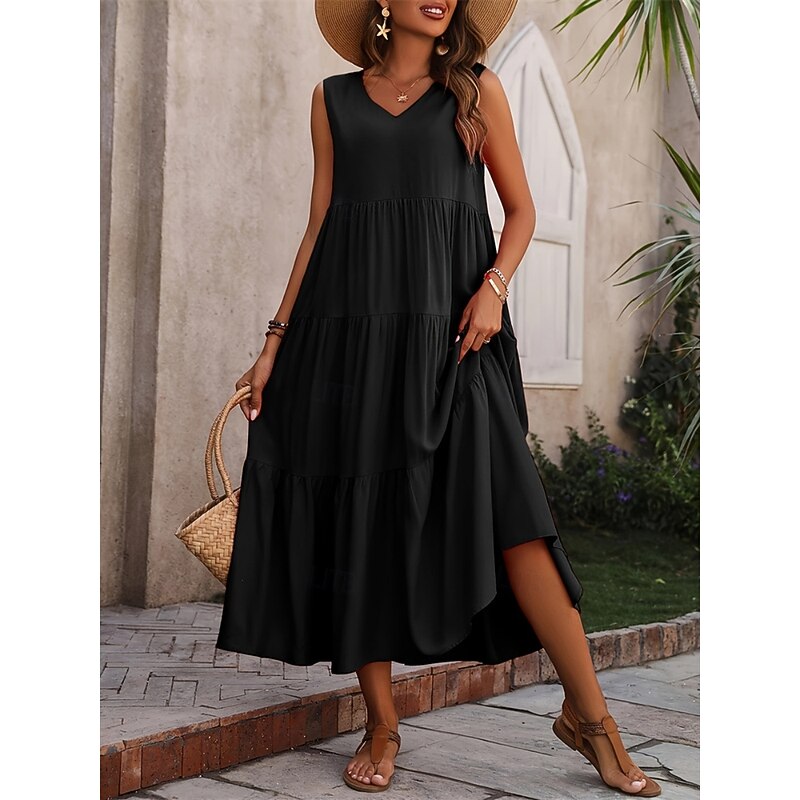 Women's Maxi Dress Casual Dress Swing Dress A Line Dress Stylish Basic Casual Vacation Daily Regular Fit Plain Sleeveless V Neck Black Yellow Red Fuchsia Summer Spring2