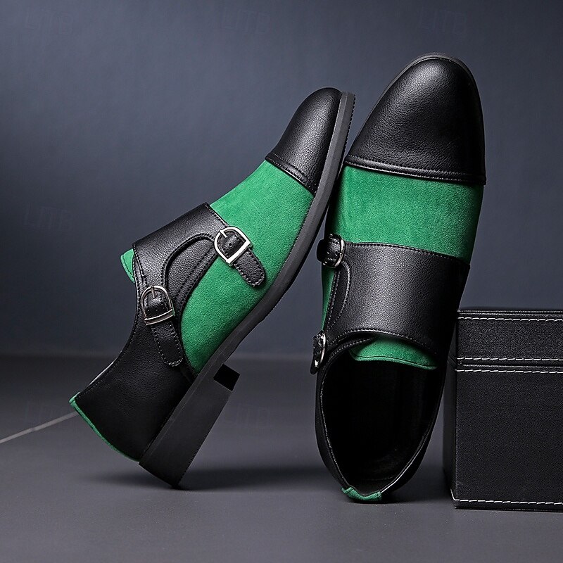 Men's Green and Black Suede Double Monk Strap Shoes – Stylish Faux Leather Formal Dress Shoes for Weddings and Business Occasions2