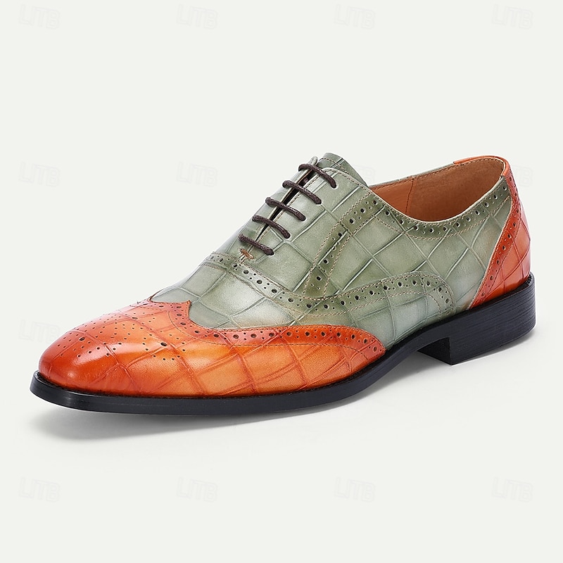 Men's Green and Orange Wingtip Oxford Shoes – Premium Cowhide Leather, Crocodile Embossed Pattern, Brogue Detailing, Elegant Formal Footwear for Weddings and Business Events2